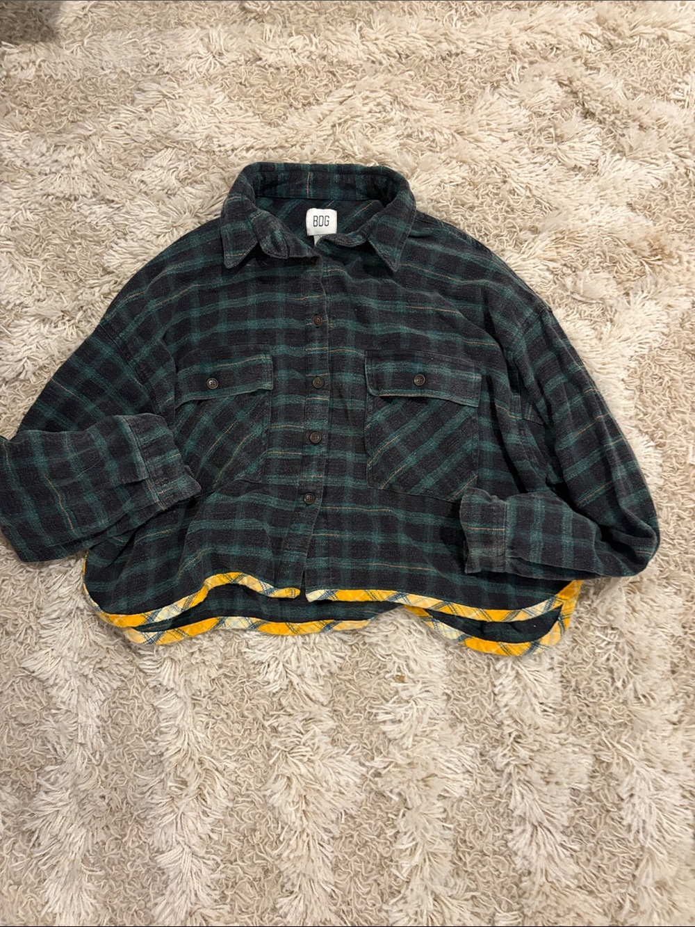 BDG womens Green and Yellow Plaid Button-Front Shirt Jacket